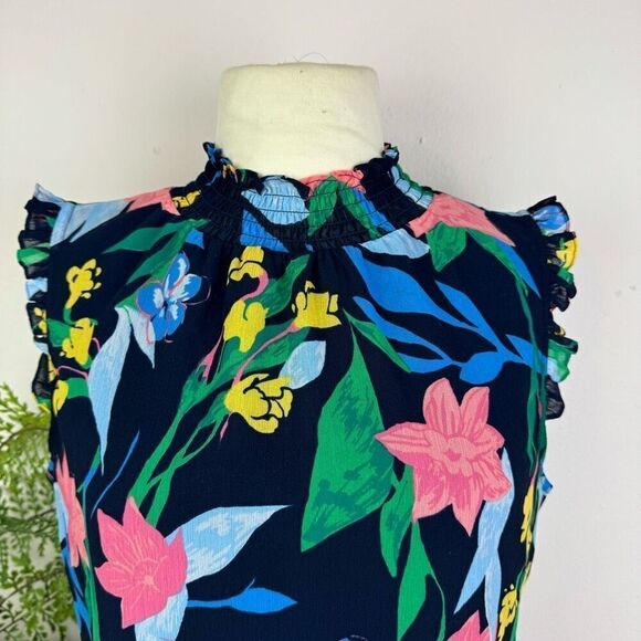 J. CREW factory blouse | Floral mockneck tank top | size 4 | navy | sleeveless - Picture 2 of 10